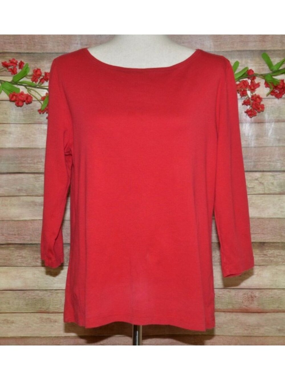 Talbots Womens Large Red 100% Cotton Bateau Boat Neck 3/4 Sleeve Top Classic